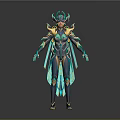 Mythical Warrior Character With Horned Helmet And Green Gold Creature Inspired Armor Design