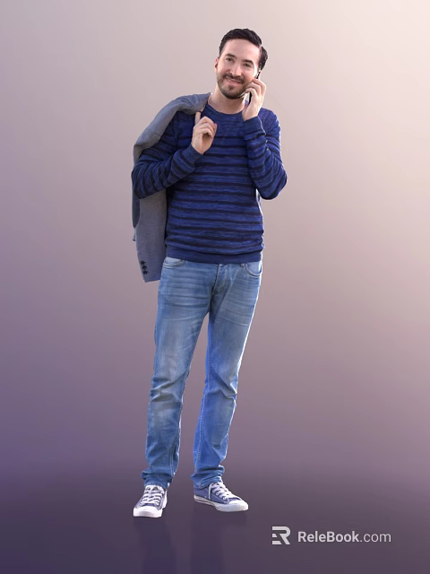 A Man Wearing Striped Sweater And Blue Jeans With Jacket Draped Over Shoulder Standing Casually 3d model 