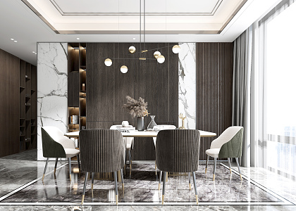 Light Luxury Dining Table and Chair Tableware Chandelier Bookcase Decorations 3d model