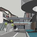Modern Commercial Street With Circular Glass Building Green Trees And Pedestrian Area