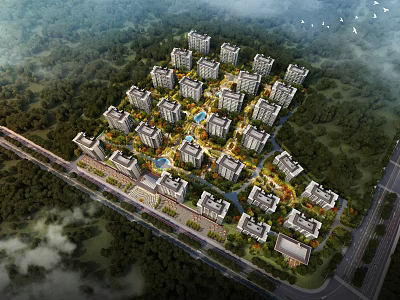 Modern Residential Buildings With Central Water Feature Surrounded by Lush Greenery 3d model