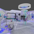 Futuristic Exhibition Space With Modern Design Curved Structures Illuminated Display Stand And Screens