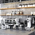 Functional Coffee Workstation Table With Machines Grinders Cups And Storage Shelves 3d model