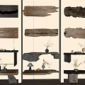 Natural Rustic Wooden Shelving Units With Stone Decor And Potted Plants