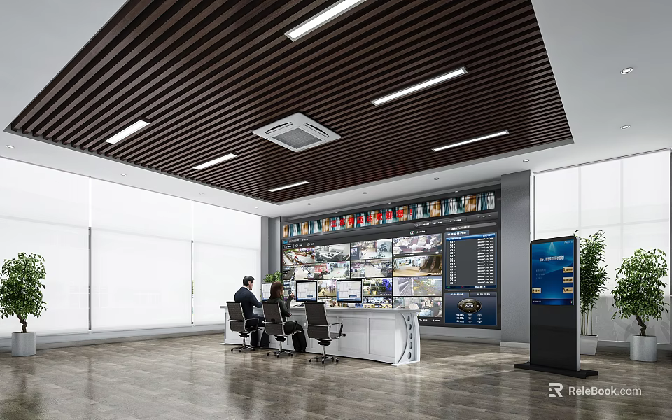 Modern Monitoring Room Featuring Multiple Monitor Screens Control Desk And Security Operators 3d model 