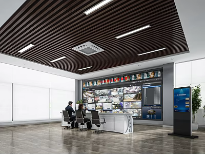 Modern Monitoring Room Featuring Multiple Monitor Screens Control Desk And Security Operators 3d model