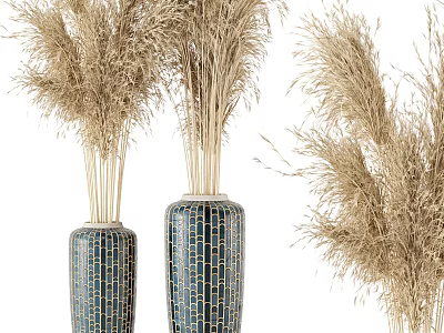 Blue Mosaic Vases With Dried Pampas Grass Floral Arrangement For Home Decor 3d model