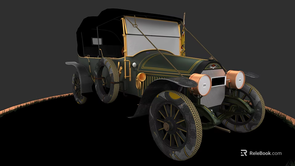 Vintage Classic Car With Green Body Gold Accents And Black Open Top 3d model 