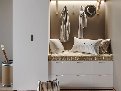 Modern White Shoe Cabinet With Drawers Hanging Space And Bench With Pillows 3d model