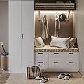 Modern White Shoe Cabinet With Drawers Hanging Space And Bench With Pillows