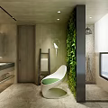 Bright Modern Bathroom With Lush Green Plant Wall And Cozy Lounge Chair And Freestanding Bathtub