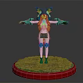 Game Movie Character With Fox Ears Red Hair And Dark Outfit On Red Stone Base