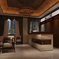 Shop Reception Area Featuring Wooden Ceiling Chandelier Marble Counter Wooden Decor And Marble Floor