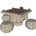 Traditional Stone Table and Stool Set with Chessboard and Tea Set 3d model