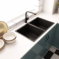 Modern White and Teal Kitchen Cabinets with Tiled Walls and Cooking Utensils