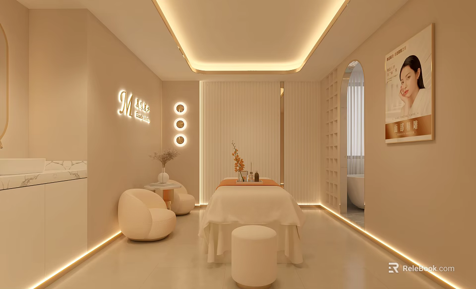 Luxurious SPA Sauna Interior Design With Massage Table Comfortable Seats And Soft Lighting 3d model 