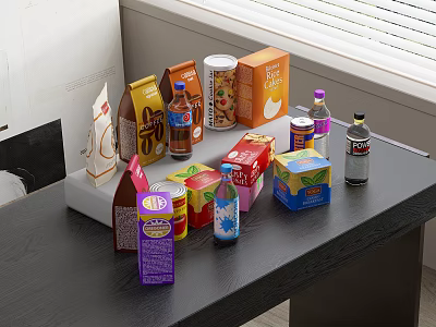 Colorful Food And Beverage Packages With Various Boxes Bottles And Cans On Table 3d model