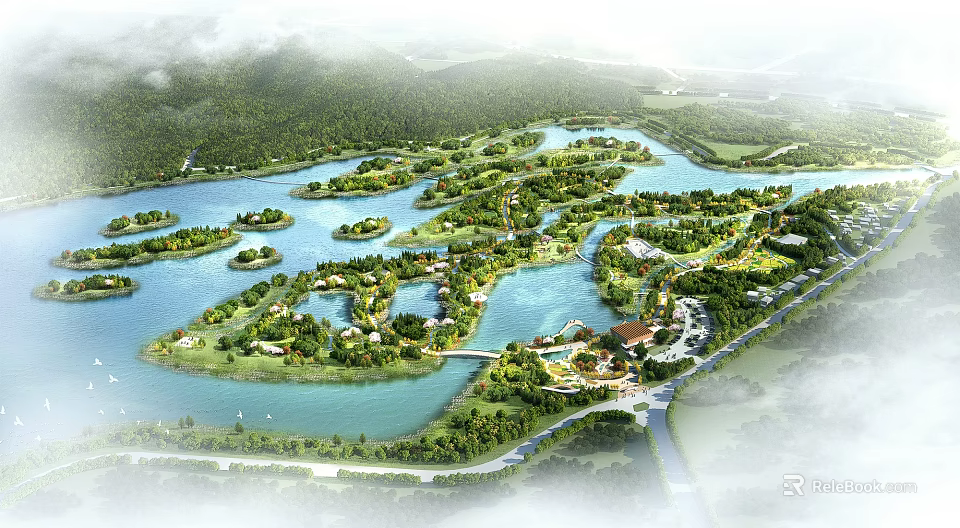 Beautiful Ecological Waterside Garden Landscape With Lush Green Islets Surrounded By Clear Blue Water 3d model 