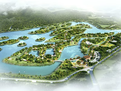 Beautiful Ecological Waterside Garden Landscape With Lush Green Islets Surrounded By Clear Blue Water 3d model