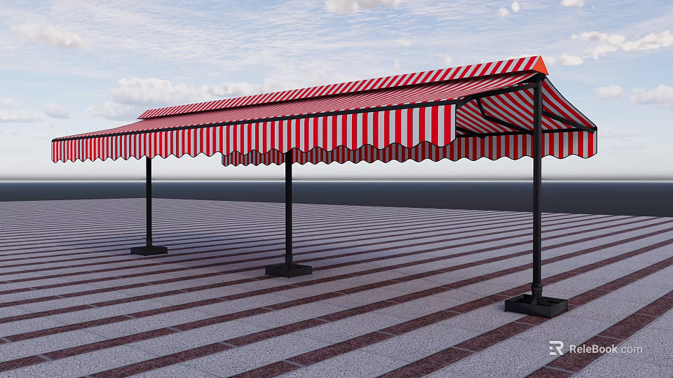 Red And White Striped Outdoor Awning With Metal Support Poles For Sun Shade 3d model 