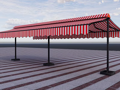 Red And White Striped Outdoor Awning With Metal Support Poles For Sun Shade 3d model