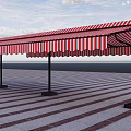 Red And White Striped Outdoor Awning With Metal Support Poles For Sun Shade