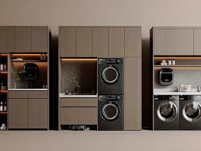 Modern Laundry Room Design With Stacked Washing Machines And Built In Cabinets 3d model