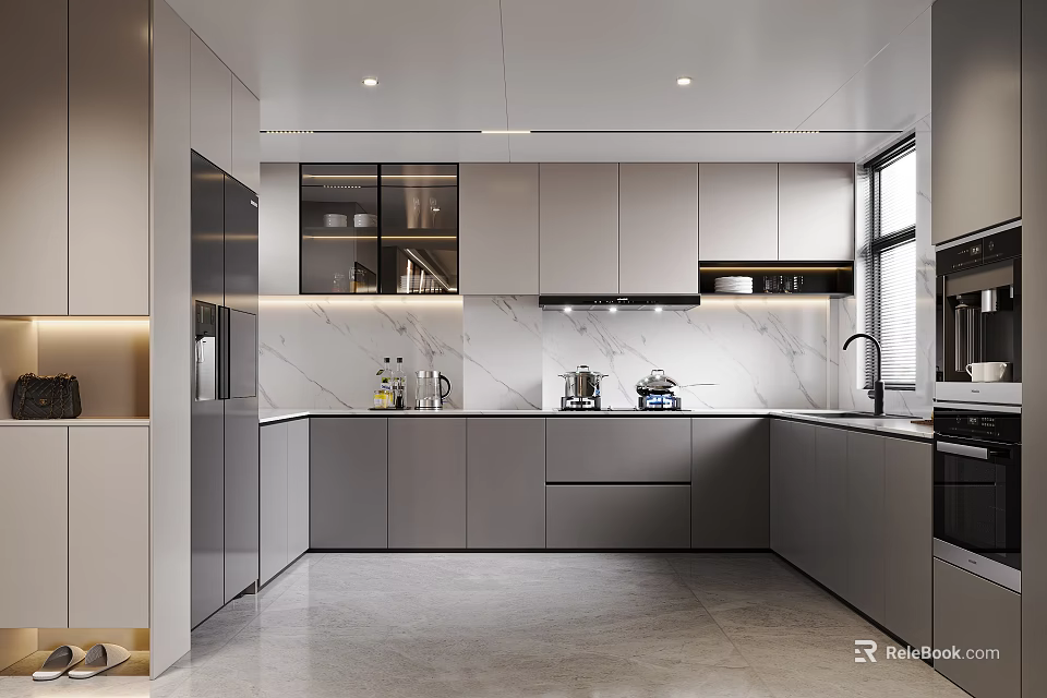 Modern Sleek Gray Kitchen Interior With Marble Countertop Cabinets And Built-in Appliances 3d model 