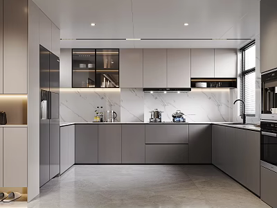 Modern Sleek Gray Kitchen Interior With Marble Countertop Cabinets And Built-in Appliances 3d model