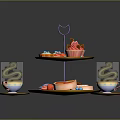 Delicious Assorted Desserts On Three Tiered Stand With Teacups Fresh Fruits And Sandwiches