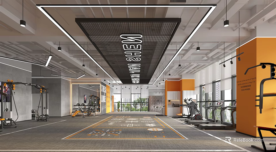 Modern Gym with New Shine Signage Open Space Fitness Equipment and Bright Lighting 3d model 