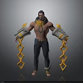 Shirtless Male Character With Grey And Yellow Mechanical Arms Yellow Chains And Dark Pants