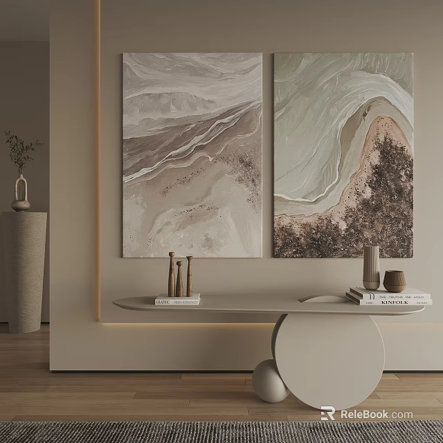 Modern Interior Wall Art With Abstract Paintings Console Table And Decorative Items 3d model