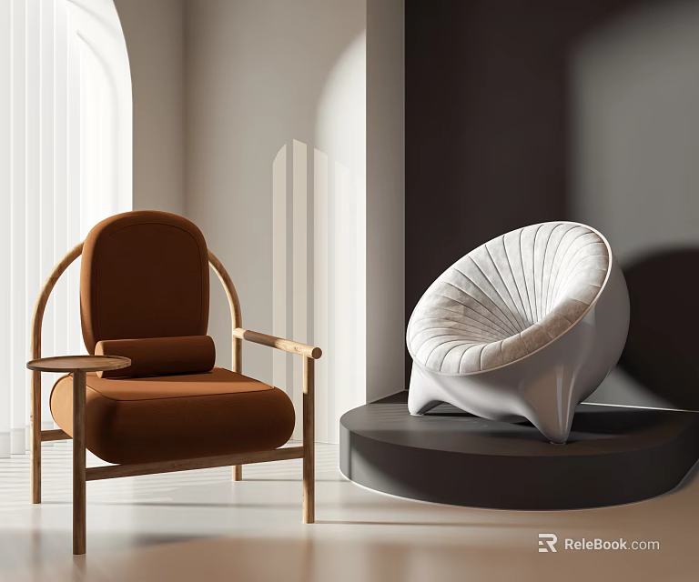 Two Modern Accent Chairs In Interior With Brown Wooden Frame And White Shell Design 3d model 