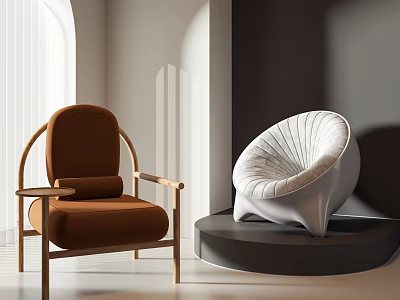 Two Modern Accent Chairs In Interior With Brown Wooden Frame And White Shell Design 3d model