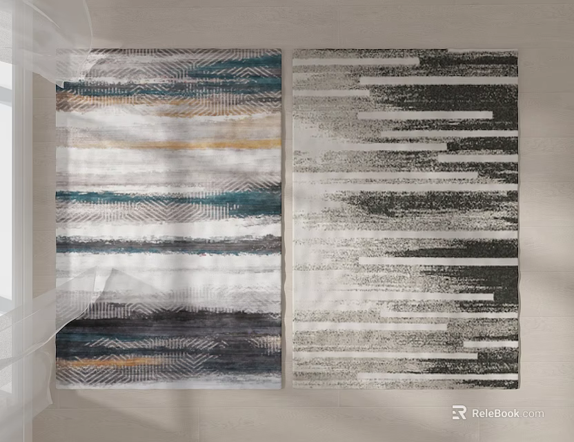 Modern Square Rug with Striped Design Blue White Yellow Gray Black Colors and Textured Details 3d model 