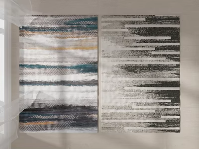 Modern Square Rug with Striped Design Blue White Yellow Gray Black Colors and Textured Details 3d model