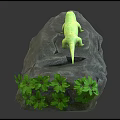 Green Lizard Perched On A Rocky Surface With Fresh Green Leaves