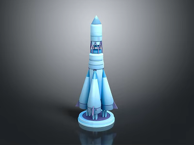 Blue Detailed 3D Rendered Space Rocket Model With Boosters And Base 3d model