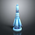 Blue Detailed 3D Rendered Space Rocket Model With Boosters And Base