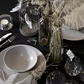 Elegant Tableware Set With Bowls Plates Glasses Cutlery And Decorative Plants