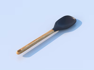 Practical Cooking Spoon With Black Head And Wooden Handle Design 3d model