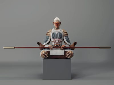 Intricate Seated Warrior Sculpture With Detailed Armor and Long Staff on Square Base 3d model