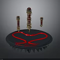 Ornate Display Platform With Circular Base Red Decorative Pillars And Engraved Text