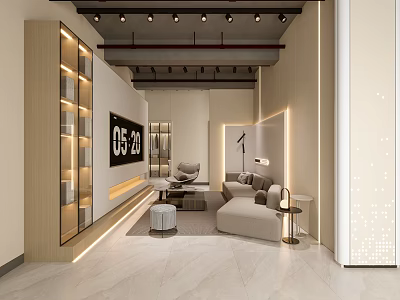 Modern Living Room Interior Design With TV Bookshelf Sofa Ambient Lighting And Coffee Table 3d model