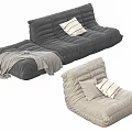 Comfortable Gray and Beige Lazy Sofa with Striped Cushions and Blanket