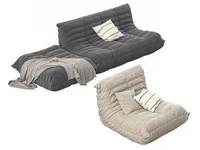 Comfortable Gray and Beige Lazy Sofa with Striped Cushions and Blanket 3d model