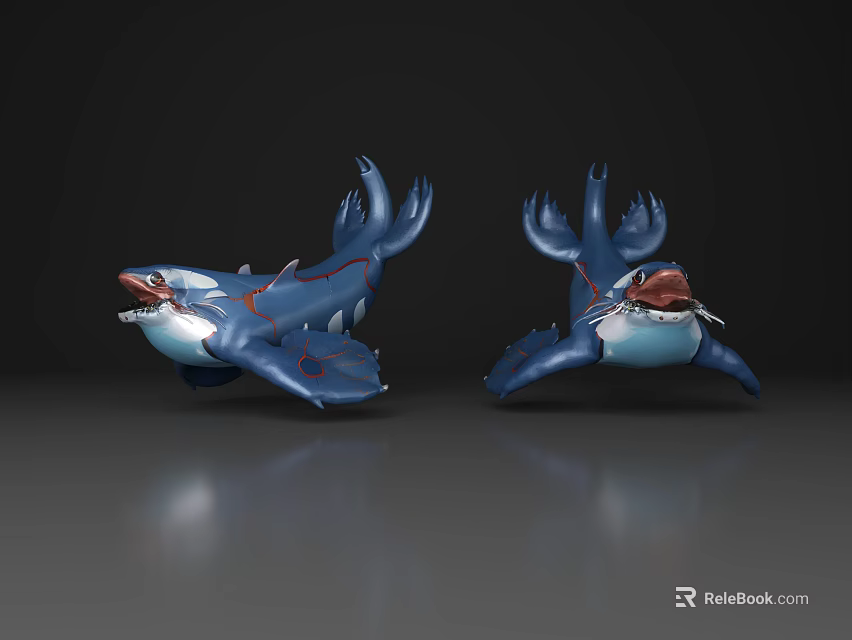 Two Blue Aquatic Animal Models With Shark Like Features Red Details Open Mouths Sharp Teeth 3d model 