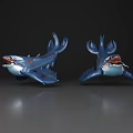Two Blue Aquatic Animal Models With Shark Like Features Red Details Open Mouths Sharp Teeth
