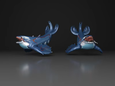 Two Blue Aquatic Animal Models With Shark Like Features Red Details Open Mouths Sharp Teeth 3d model